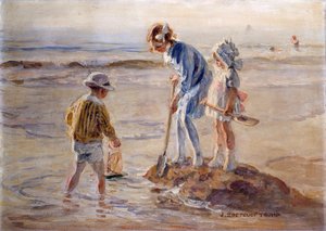 Spelar på Katwijk Beach (olja på duk) av Johann Zoetelief Tromp