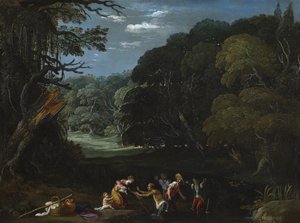 Latona förvandlar de lykiska bönderna till grodor (efter Elsheimer?) av Johann or Hans (attr.to) Konig