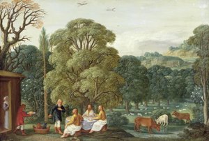 Abraham underhåller de tre änglarna (olja på koppar)