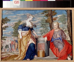 Kristus och den samaritanska kvinnan vid Jakobs brunn. Kristus och samaritansk kvinna vid Jakobs brunn. Målning av Johannes Koenig (1586-1632/1635). Tysk konst, barockstil. Gouache på pergament. Pushkin Museum of Fine Arts, Moskva.