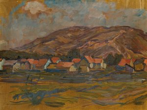 Landskap med hus och berg