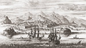 Holländska skepp framför Muscat, Oman på 1600-talet (tryck) av Johannes (after) Kip