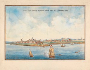New York från havet på 1600-talet. av Johannes (after) Vingboons