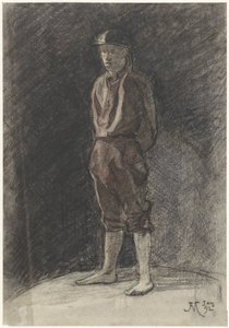 Stående man med hjälm och ihoprullade bokrör av Johannes Abraham Mondt