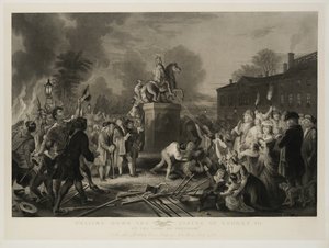 Dra ner statyn av George III, av Sons of Freedom, vid Bowling Green, City of New York, juli 1770, graverad av John C. McRae, efter 1853