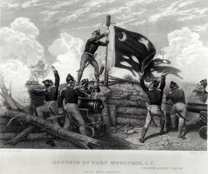 Ushujaa wa Sajenti William Jasper katika Ulinzi wa Fort Moultrie, Carolina Kusini, Mei 12, 1780, iliyochongwa na G.R. Swed ya ukumbi