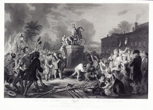 Dra ner statyn av George III av Sons of Freedom, på Bowling Green, City of New York, juli 1776, pub. 1875 av Johannes Adam Simon after Oertel