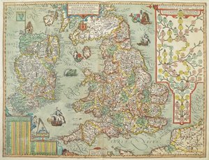 Karta över England och Irland ritad 1606 (färgad gravyr) av Johannes Baptista Vrints