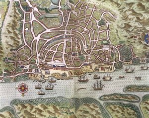 Karta över staden och den portugisiska hamnen i Goa, Indien, detalj av hamn och handelssjöfart, 1595 gravyr detalj av 110750