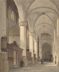 En kyrkas välvda sidogång, med figurer, 1800-talet.