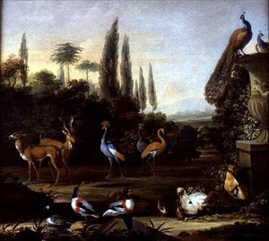 Ett parklandskap med rådjur och exotiska fåglar, ca 1710 (olja på duk) av Johannes Bronckhorst