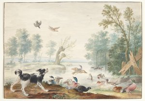 En hund och ankor vid sjön av Johannes Bronckhorst