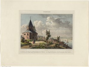 Sint-Nicolaas kapell i Nijmegen Den Hedensche Kapel, på Valkhof promenadplats. La Chapelle Payenne, à la Promenade, denna Valkhof (titel på objekt) Nymegen. (serietitel på objekt)