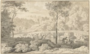 Arkadiskt landskap med figurer vid en sjö av Johannes Glauber