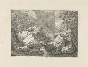 Utsikt över ett vattenfall Prospekt i Monasterio vulgo dicto La Grande Chartreuse i Delphinatu (titel på objektet) Landskap i Chartreuzerbergen (serietitel) av Johannes Glauber
