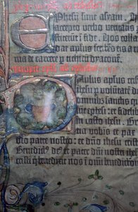 Detalj från Gutenbergbibeln från 1400-talet, av invigningen av Efesierbrevet av Johannes Gutenburg