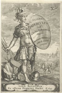 Romeinse krijgsman voor een slagveld Titelsida för Caius Velleius Paterculus cum Selectis Variorum Notis, 1659 av Johannes Hackius