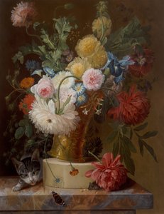 Stilleben Av Blommor På En Avsats Med En Katt av Johannes Hendrick Fredriks