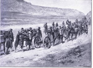 Ett batteri av fältvapen på väg till Ichon, illustration från Cassells History of the Russo-Japanese War Vol 1, c.1900