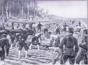 Japanska ingenjörer som bygger en timmerväg för trupper, illustration från Cassells History of the Russian-Japanese War Vol 1, c.1900 av Johannes Hermann Barend Koekkoek