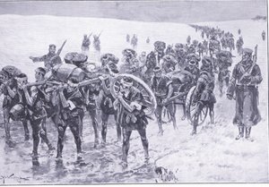 Japanska på marschen. Män i stället för packponnyer, illustration från Cassells History of the Russian-Japanese War Vol 1, c.1900