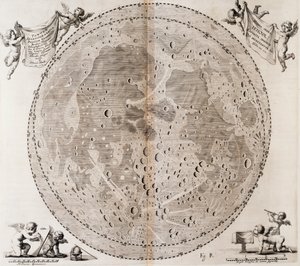 Första detaljerade karta över månen tecknad 1647 av Johann Hevelius, tryck hämtat från Johann Hevelius (1611-1687) himmelsatlas Selenographia sive Lunae descriptio, Gdansk
