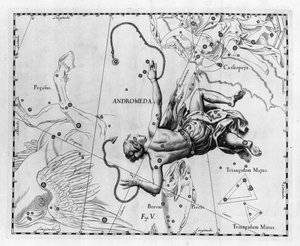 Stjärnbilden Andromede. Plåt tecknad från "The Firmament of Sobiescanum or Uranography" av Johannes Hevelius eller Hevel (1611-1687) av Johannes Hevelius
