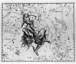 Den persiska konstellationen. Plåt tecknad från "" Firmamentum Sobiescanum sive Uranographia"" av Johannes Hevelius eller Hevel (1611-1687) av Johannes Hevelius