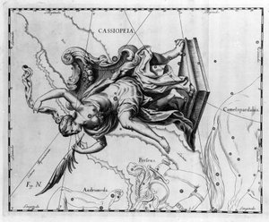 Stjärnbilden Cassiopee: Cassiopee, hustru till kungen av Etiopien Cephee, sittande på en stol prydd med palmer. Plåt tecknad från "" Firmamentum Sobiescanum sive Uranographia"" av Johannes Hevelius eller Hevel (1611-1687)
