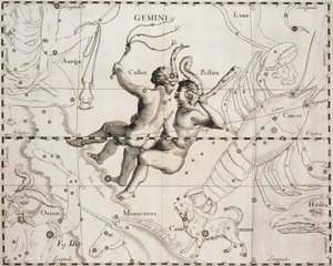 Stjärnbilden Tvillingarna, illustration från Firmamentum Sobiescianum sive Uranographia, av Johann Hevelius (1611-1687), Gdansk 1690