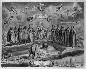 De berömda astronomerna. Bland dem, från vänster till höger: Walterus (?) , Tycho Brahe (Tyge Ottesen Brahe), känd som Le noble Danish eller L