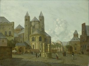 Imaginär stadsbild med romansk kyrka