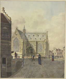 Kyrka vid en bro, en halt tiggare hos en dam av Johannes Huibert Prins