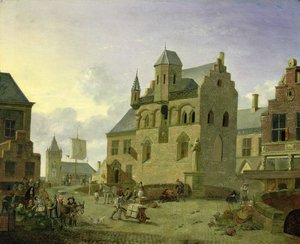Torg med figurer och bönder som handlar på en marknadsplats (panel)