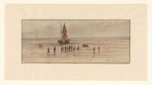 Strandscen med fiskare och segelfartyg av Johannes Huygens (signed by artist)