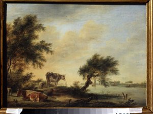 ""Landskap med en flock"" (Landskap med en flock) Målning av Jan Jansson (1729-1784) Statens konstmuseum från 1700-talet, Tula, Ryssland