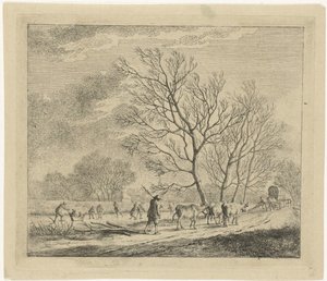 Vinterlandskap med kor och skridskoåkare december De tolv månaderna (serietitel) De färgade teckningarna av de 12 månaderna (...) (serietitel) av Johannes Janson