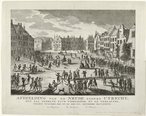 Patrioter lämnar Neude i Utrecht, 1787 Skildring av Neude inom Utrecht, som den såg ut under desertering på natten mellan XV. och XVI. September MDCCLXXXVII (titel på objekt)