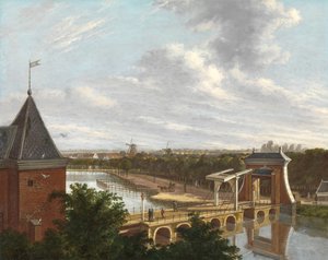 Amsterdams yttre kanal nära Leidse Poort sett från teatern The Outer Moat of Amsterdam, med Leidse Poort, sett från Stadsteatern