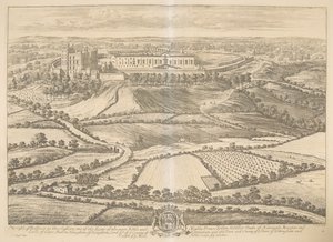 The Castle of Bolsover i Darbyshire: en av sätena för den ädlaste och mäktigaste prins John Holles hertig av Newcastle, markis och earle av Clare, Baron Haughton, Lord Lt. av ye County of Nottingham och av ye Town and County of ye Town från Nottingham an av Johannes Kip