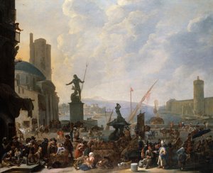 En Capriccio av en medelhavshamn med Berninis Tritonfontän och en Capriccio av Louvren. av Johannes Lingelbach