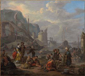 En medelhavshamn med ett elegant par och resenärer som vilar vid kajen av Johannes Lingelbach