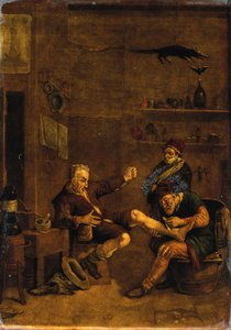 En kirurg som behandlar en mans fot. Mezzotint efter en komposition som tillskrivs Johannes Lingelbach. av Johannes Lingelbach