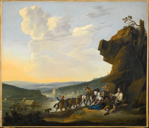 Tyska: Südliche Landschaft mit Fähre Sydligt landskap med utsikt över en bukt, med vilande resenärer av Johannes Lingelbach