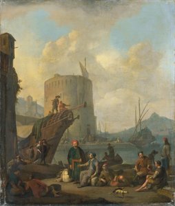 Italiensk hamn med ett befäst torn av Johannes Lingelbach