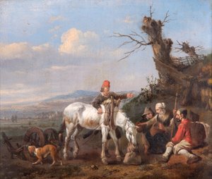 Landskap med Resande Resting (olja på ekpanel) svensk av Johannes Lingelbach