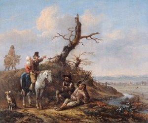 Landskap med resenärer som vilar och par till häst (olja på ekpanel) av Johannes Lingelbach