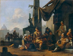 Italienska bönder dricker vid dörren till ett romerskt hotell ... av Johannes Lingelbach