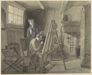 Självporträtt av Johannes Marius van Kate, stående i sin ateljé med en besökare av Johannes Marius ten Kate