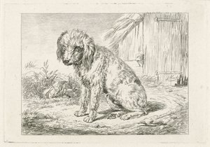 Sittande hund vid en lada av Johannes Mock